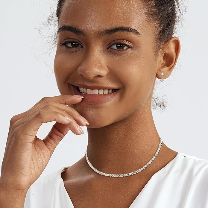 Tennis Necklace Bracelet for Women, Dainty Sterling Sliver Choker Necklace Crystal Link Bracelet Stud Earrings for Women Wedding Jewelry for Bride Jewelry Set Accessories