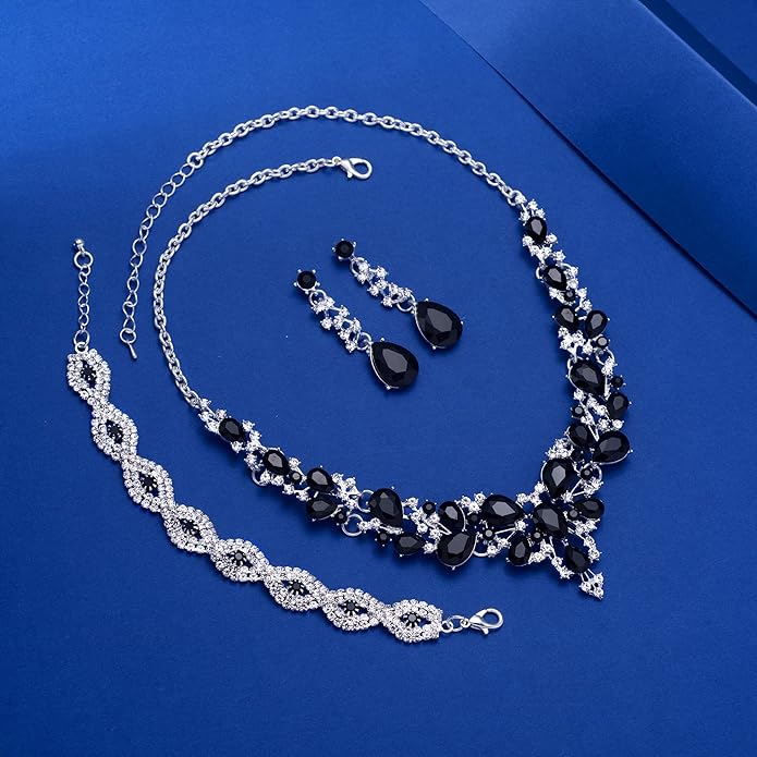 3/4 Pieces Women Jewelry Set Artificial Rhinestone Crystal Bride Statement Choker Necklace Tiara Crown Link Bangle Bracelet Teardrop Dangle Earrings Set