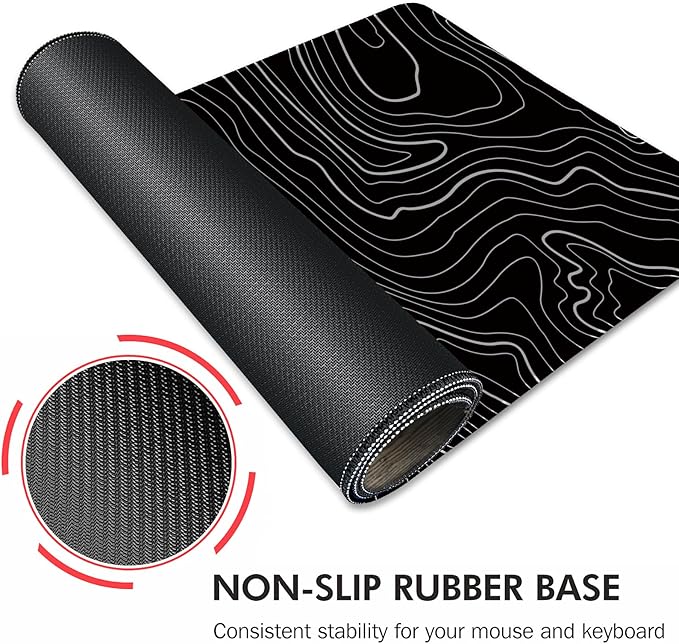 Gaming Mouse Mat Forest Background Pattern XXL XL Large Mouse Mat Long Extended Mouse Pad Desk Mat Non-Slip Rubber Mice Pads Stitched Edges Thin Pad (Topographic Map Balck)