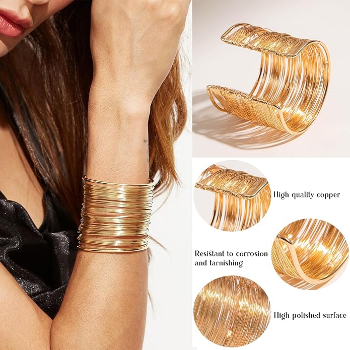 6 Pcs Chunky Golden Cuff Bracelets for Women Open Adjustable Arm Bracelet Golden Wrist Cuff Wrap Bracelet