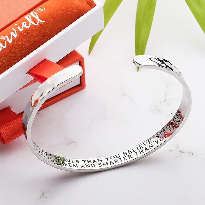 Carviell Engraved Cuff Bracelets for Women – Inspirational, Friendship, Love, Mom, Daughter, Sister, Christian, Graduation, Memorial & Wedding Gifts – 80+ Phrases – Stainless Steel, Gift-Ready