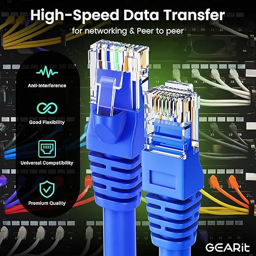 GEARit Cat 6 Ethernet Cable Pack - 5-Pack 6 ft Cat6 Ethernet Patch Cables | RJ45 Network Patch Cable, 10 Gbps Snagless Gold-Plated Connectors - Ethernet Cable Cat 6 for PC, TV, Router - Blue