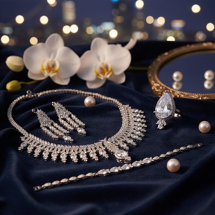 Rhinestone Wedding Bridal Jewelry Set Women's Prom-Style Necklace, Earrings, Bracelet, Ring Bridesmaid Gift Pairs with Evening Gown