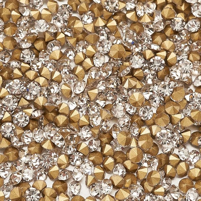 Fashewelry 3mm Pointed Back Clear Glass Rhinestone 1440pcs Mini Crystal Diamante Gems Gold Plated for Nail Art Craft Replacing Jewelry