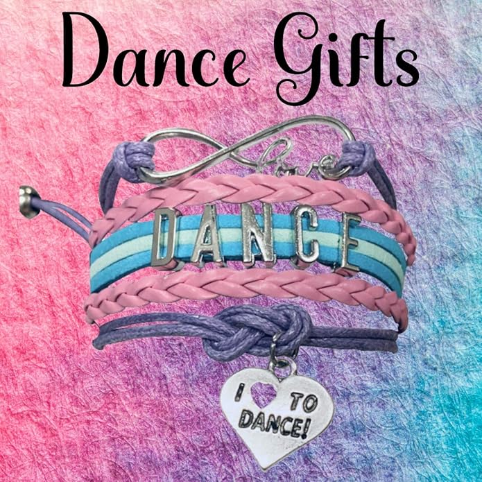 Sportybella Dance Accessories – Love Infinity Bracelet for Girls, Teens – Adjustable Pink, Purple, Teal, and Light Blue Braided Leather with Dance Letter Bar and Heart Charm – Gift for Dancers
