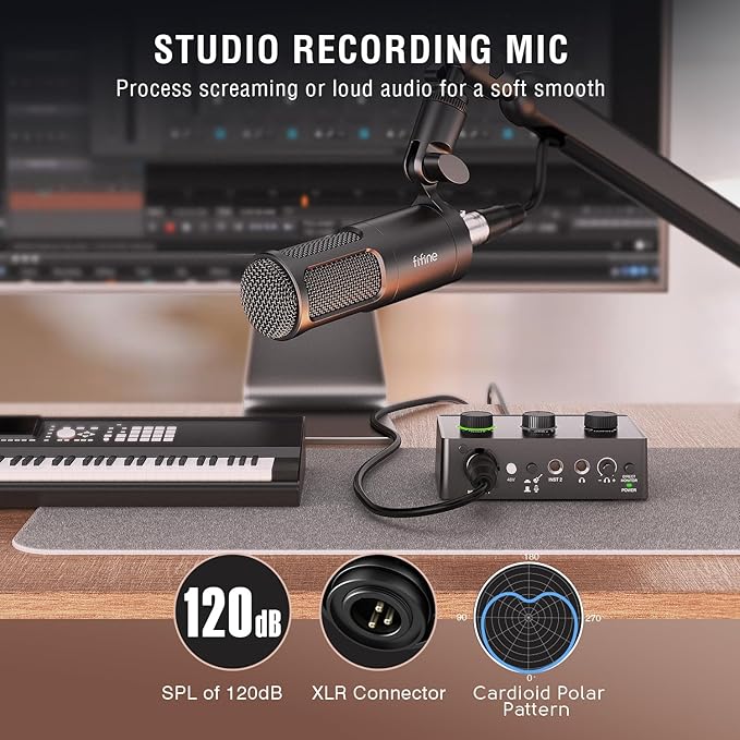 FIFINE Podcast Equipment Bundle Set, Music Recording Kit with Studio Dynamic Microphone and USB Audio Mixer with XLR Mic Input, Headphone Monitoring, Volume Knob for Vocal/Voice Over-AmpliTank KS6