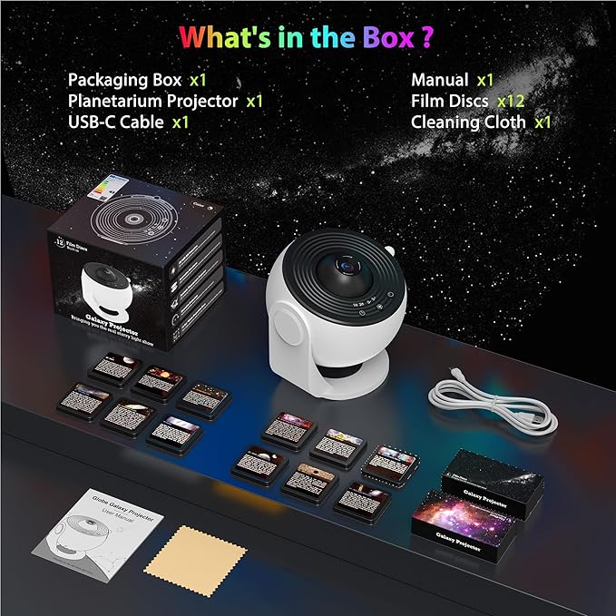 Galaxy Projector for Bedroom, HD Image Star Projector Galaxy Light Adjustable Knob, 13 Film Discs Planetarium Projector for Kids, 360° Rotating 1/2h Timer Simple 3-Button Control