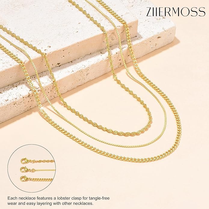 3PCS Gold Necklaces for Women,Chunky Statement Gold Plated Necklace Stack Layered Sterling Silver Herringbone Chains for Women Dainty Trendy Silver Chains Stacked Jewelry Gifts