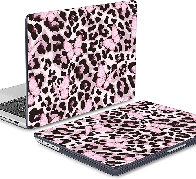 Mektron Case for 2025 MacBook Pro 16" M4 A3403 A3186 M3 A2991 M2 A2780 M1 A2485 (2021/2023/2024) Pro/Max with Touch ID, Hard Shell Plastic Laptop Cover Keyboard Cover, Leopard Pink Butterfly