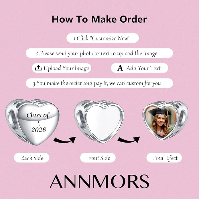 Annmors Personalized Photo Charms For Bracelets/Necklace 925 Sterling Silver Love Heart Shaped Engraved Customize Picture Gift for Birthday Mother's Day,Bead Charms Jewelry for Women