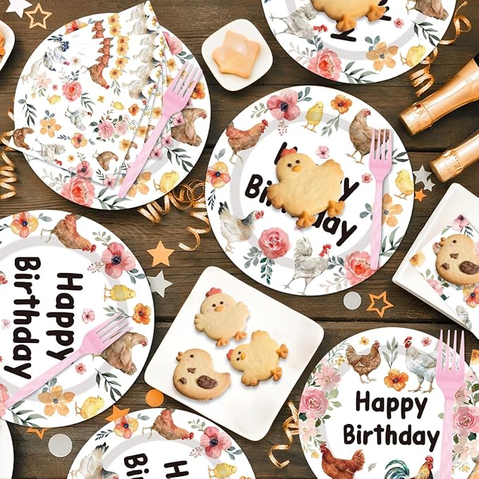96Pcs Chicken Birthday Party Decorations Disposable Tableware Set - Floral Chick Hens Happy Birthday Paper Plates Napkins Forks Rustic Flower Poultry Dessert Farmhouse Party Supplies Serve 24 Guests