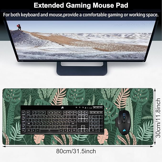 Tropical Plants and Leaves Desk Mat,Large Tropical Palm Leaves Gaming Keyboard Mouse Pad,Non-Slip Rubber Base Desk Pad Thick Stitched Edges Waterproof Mousepad Mouse Mat 31.5"x11.8"