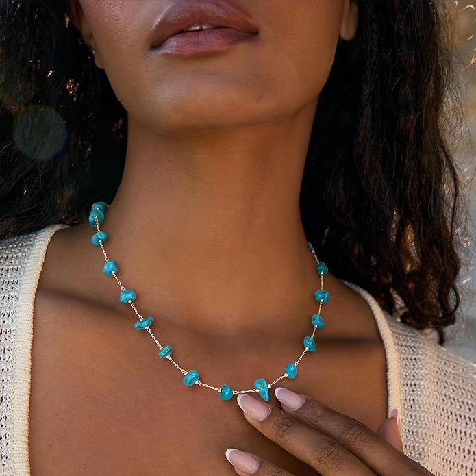 Created Turquoise Necklace for Women 14K Gold Plated Beaded Heart Choker Boho Necklaces Handmade Beach Summer Everyday Western Jewelry Gifts