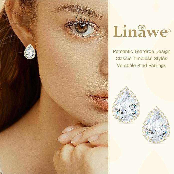 Linawe Women Stud Earrings, Teardrop Diamond Moissanite Cubic Zirconia Earrings Studs Rhinestone Jewelry Gold/Silver/Rose Gold