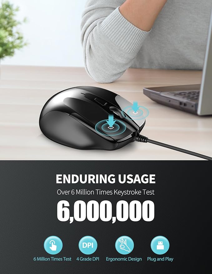 TECKNET USB Wired Mouse, 6-Button Corded Mouse with 4 Adjustable DPI, Optical Computer Mouse with Ergonomic Design and 5FT Cord for Laptop, Chromebook, PC, Desktop, Mac, Notebook-Black