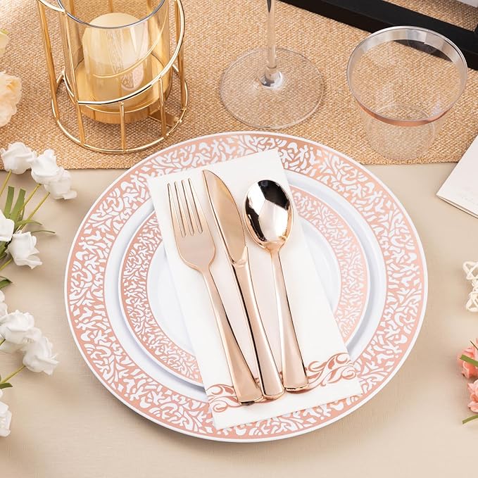 700PCS Rose Gold Plastic Dinnerware Set for 100 Guests, Disposable Plates for Party, Wedding, Include 100 Rose Dinner Plates, 100 Dessert Plates, 100 Set Silverware, 100 Cups, 100 Napkins