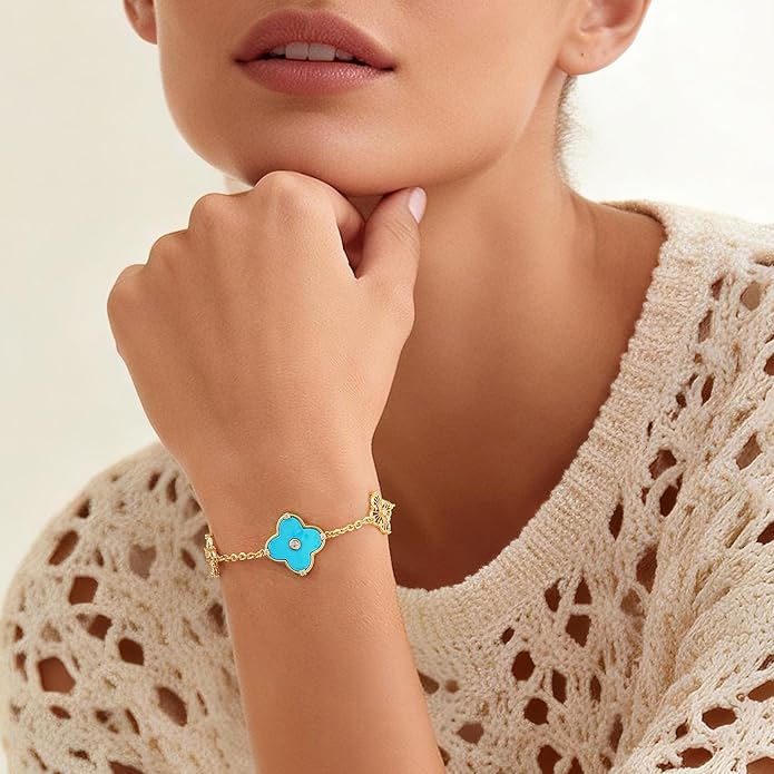 FETERO Gold Bracelets for Women Trendy, Dainty 14K Gold Plated Charm Clover Bracelet 2 Sided Lucky Pendant Cute Pearl Beaded Bracelets Link Chain Waterproof Womens Jewelry Gifts
