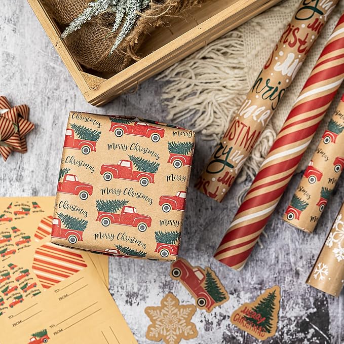 RUSPEPA Christmas Wrapping Paper Set - 4 Rolls of Kraft Wrapping Paper (30 Inches x 10 Feet Per Roll) with 8 Gift Bows, 1 Spools of Bakers Twine, Jute String, 30 Stickers and 30 Gift Tags - Red