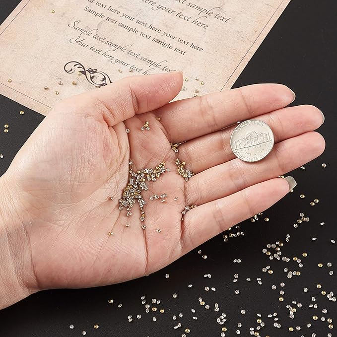 Fashewelry 2mm Pointed Back Clear Glass Rhinestone 1440Pcs Faceted Diamond Loose Stone with Golden Back Mini Crystal Diamante Gems for Nail Art Craft Replacing Jewelry