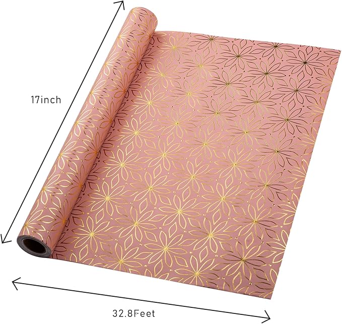 Garbendy Pink Wrapping Paper Roll - 17 Inch X 32.8 Feet - Pink Metallic Gold Foil Flower Gift Wrapping Paper for Christmas, Birthday, Baby Shower, Bridal Shower, Party