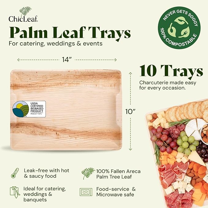 Chic Leaf Rectangular Palm Leaf Platter - 10 x 14 In, Pack of 10, Natural - Compostable Tray for Charcuterie & Party Trays - Oven & Microwave Safe Platter & Bamboo Plates Thanksgiving Dinner