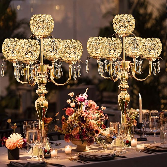 4Pcs 22 Inch Tall 5-Arm Gold Elegant Crystal Candelabra – Fancy Looking Candle Holder, Perfect for Your Table Centerpiece, Wedding & Christmas Dinner Party Events, Home Decor