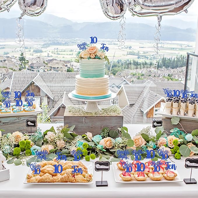 30PCS Happy 10th Birthday Cupcake Toppers Glitter Ten Double Digits Hello 10 Cupcake Picks Cheers to 10 Birthday Decorations for 10th Birthday Anniversary Party Cake Decorations Supplier Blue