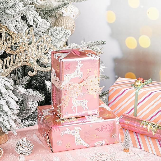 RUSPEPA Christmas Reversible Wrapping Paper Roll for Girls, Jumbo Roll, Rose Gold Foil Reindeer, Polar Bear, Tree, Floral Design, Pink White Stripes Gift Wrap for Holiday Gifts, 30 Inches x 32.8 Feet