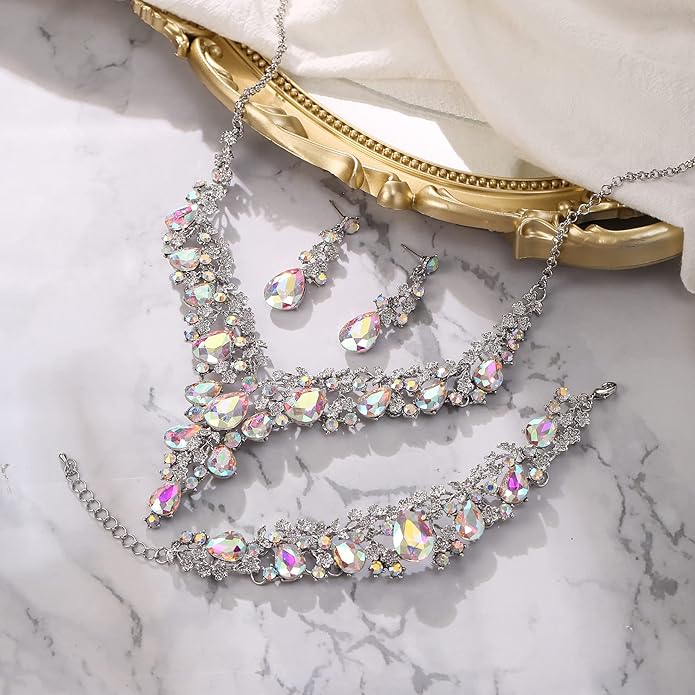 BriLove Women's Wedding Bridal Austrian Crystal Teardrop Flower Cluster Statement Necklace Dangle Earrings Jewelry Set for Party Prom