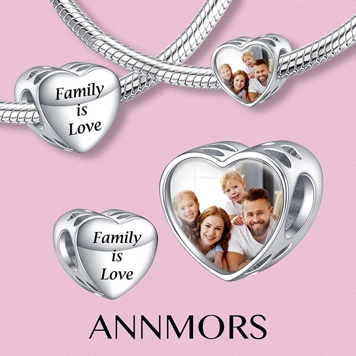 Annmors Personalized Photo Charms For Bracelets/Necklace 925 Sterling Silver Love Heart Shaped Engraved Customize Picture Gift for Birthday Mother's Day,Bead Charms Jewelry for Women