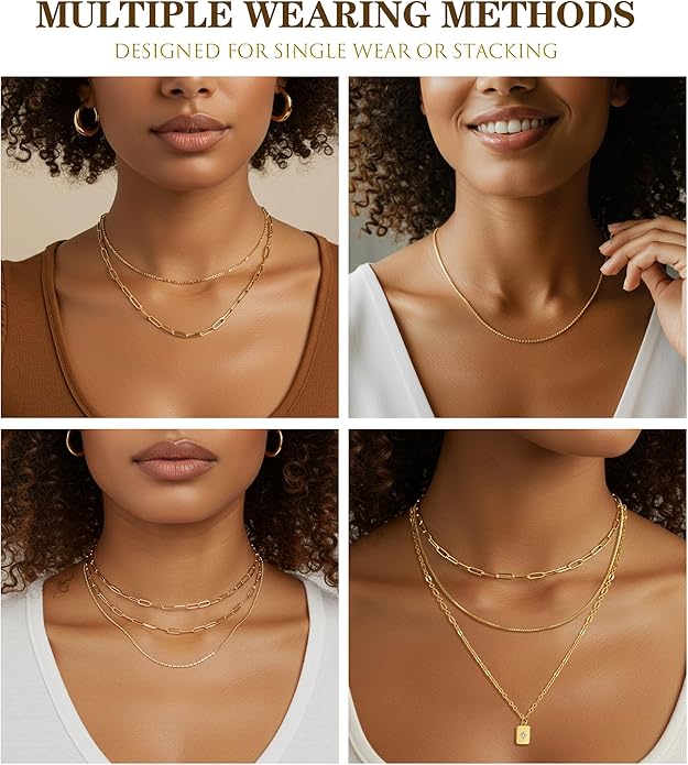 YEEZII Layered Gold Necklaces for Women Trendy, 3 Pcs 14K Gold Plated Choker Paperclip Box Chain Necklace, Stackable Women's Gold Pendant Necklaces Jewelry Set