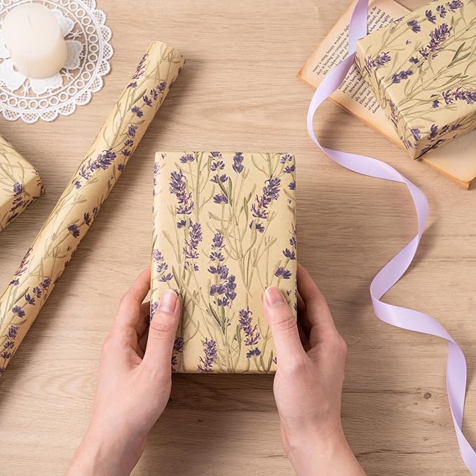 RUSPEPA Lavender Wrapping Paper Roll for Women, Delicate Floral Kraft Gift Wrap, Purple Lavender Design Perfect for Spring, Wedding, Mother's Day, Bridal Shower and Birthday, 17 Inches x 32,8 Feet