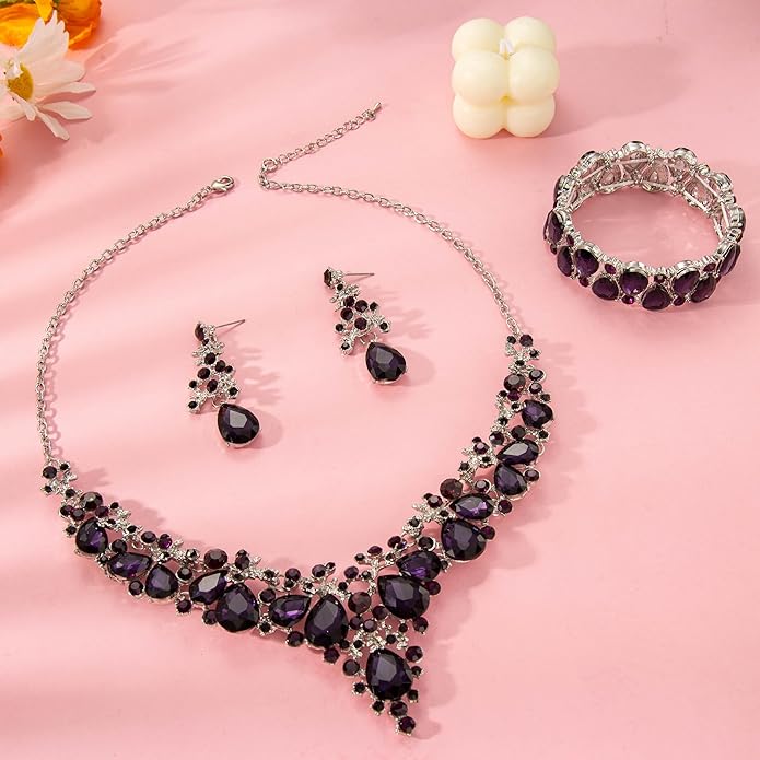 Elegant Bridal Wedding Jewelry Set for Women/Brides/Bridesmaids Teardrop Crystal Leaf Cluster Jewelry Set for Wedding Prom Party Bridal Bridesmaids Rhinestone Crystal Necklace Earrings Bracelet Set