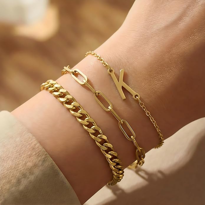 14K Gold Plated Bracelets for Women, A–Z Initial Charm Bangles Jewelry Set, Elegant Gold Accessories, Friendship Bracelet Gifts for Mom