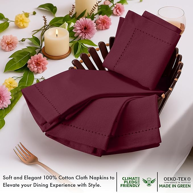 Ruvanti Cloth Napkins - 100% Cotton Dinner Napkins, Hem Stitched Corners, 18x18 Inch, 12 Pack - Soft, Absorbent, Durable, Reusable, Wrinkle Resistant for Formal Dining & Everyday Use - Burgundy