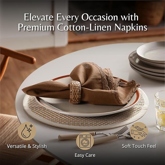 Ramanta Home Linen Flax Cloth Napkins Set of 12| 18x18 Inch | Premium Cotton Linen Flax Lace Soft & Durable | Washable Ideal for Everyday Use Parties Thanksgiving Christmas Halloween Brown