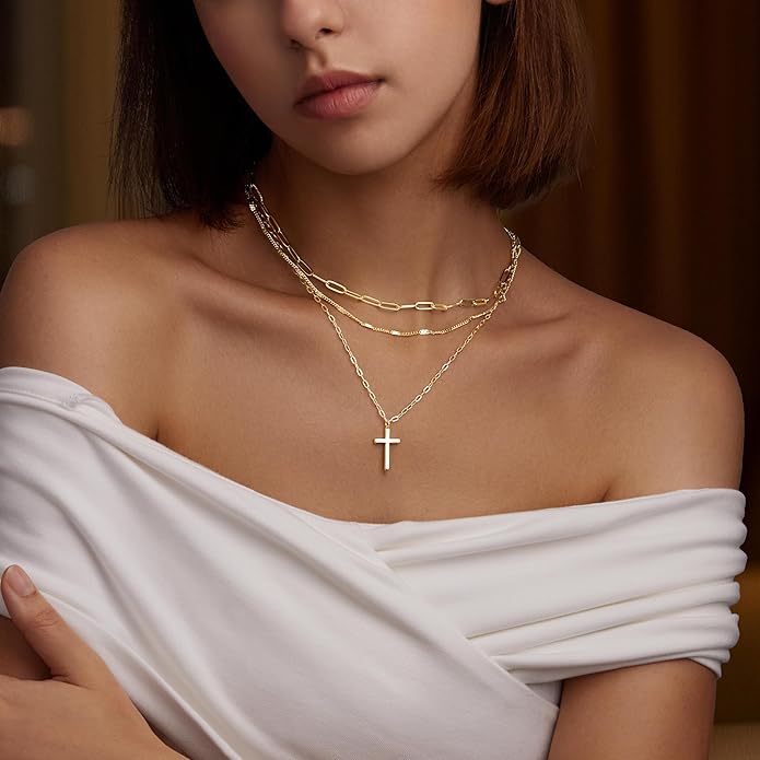 Layered Gold Necklaces for Women, Stackable Dainty 14K Gold Silver Plated Trendy Simple Heart Diamond Cross Bow Circle Pendant Paperclip Choker Dot Chain Necklace,Jewelry Set Gifts for Women