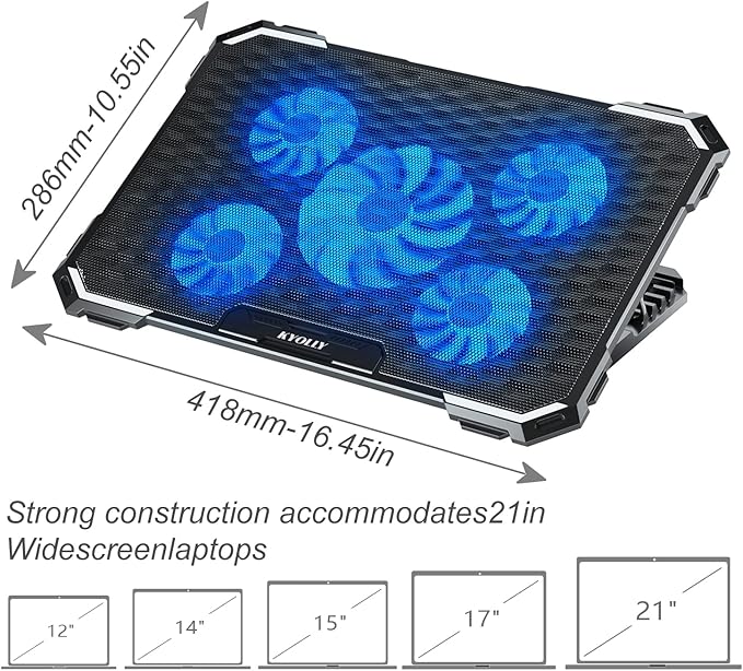 Upgrade Laptop Cooling Pad,Gaming Laptop Cooler with 5 Quiet Fans,2 USB Ports,5 Adjustable Stand Height,Blue LED Lights,for 15.6 Inch Laptops