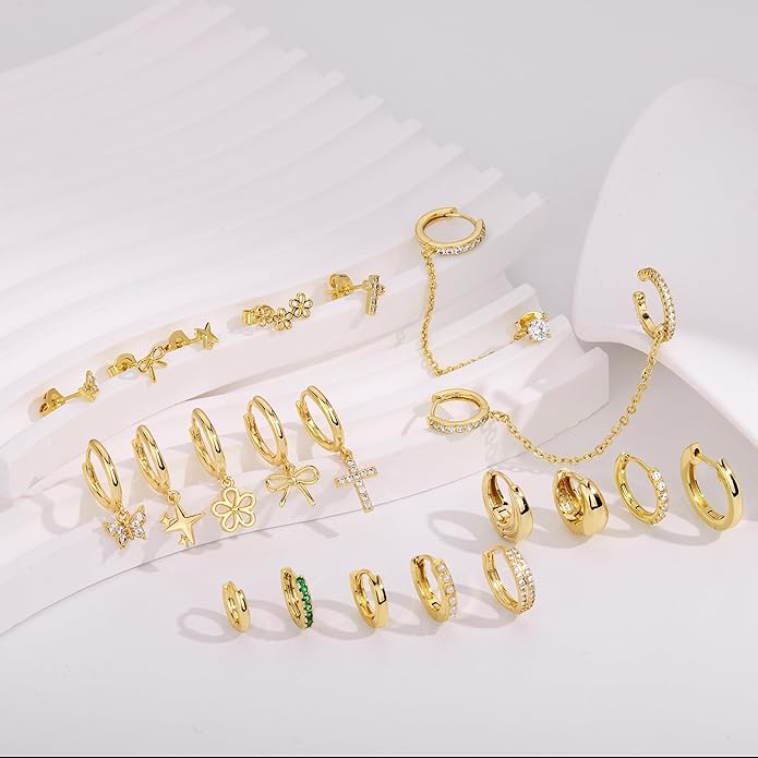 Small Gold Huggie Hoop Earrings Set for Women Men Hypoallergenic 14K Plated Stack Cartilage Earrings, Multiple Piercing Lightweight Mini Thin Cute Dainty Trendy Jewelry Set Christmas Gifts for Women