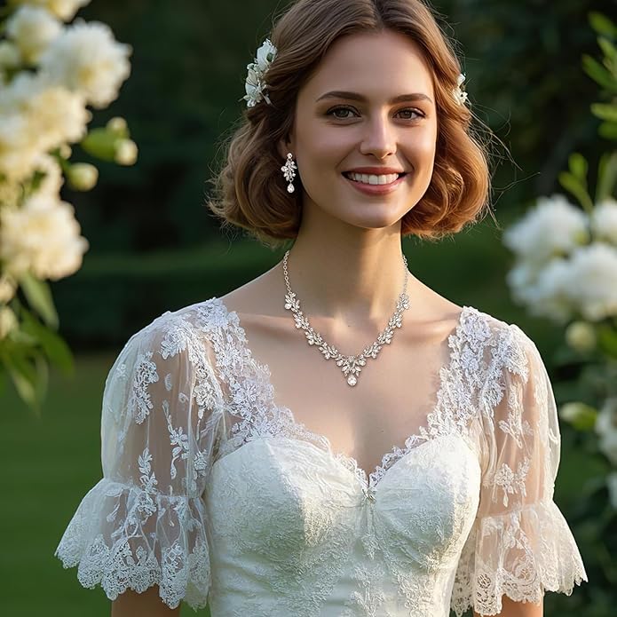 BriLove Women's Wedding Jewelery Set Leaf Flower Crystal Teardrop Marquise Cluster Pendant Necklace Dangle Earrings for Bridal Party