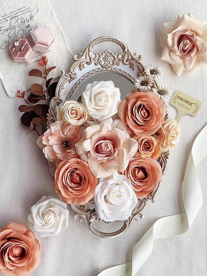 Roses Artificial Flowers Bouquet Combo Box Set for DIY Wedding Centerpieces for Table Bridal Baby Shower Party Decorations Fake Silk Floral Arrangements for Home Decor Indoor Peach Pink