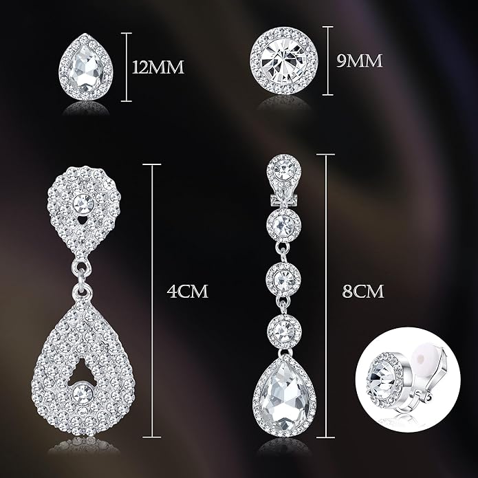 Jstyle 4 Pairs Silver Clip on Earrings for Women Elegant Rhinestone Clip on Earrings Dangle Drop for Brides Bridesmaids Non Pierced Earrings Set