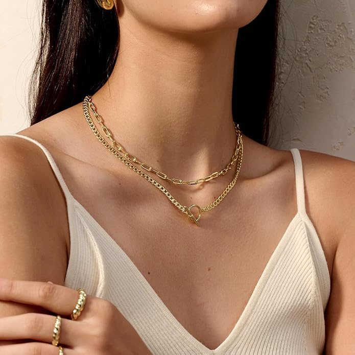 CHESKY Layered Necklaces for Women, 14K Gold Plated Chain Necklace Women Trendy Cuban Link Paperclip Chain Toggle Clasp Necklace Fashion Chunky Jewelry for Women