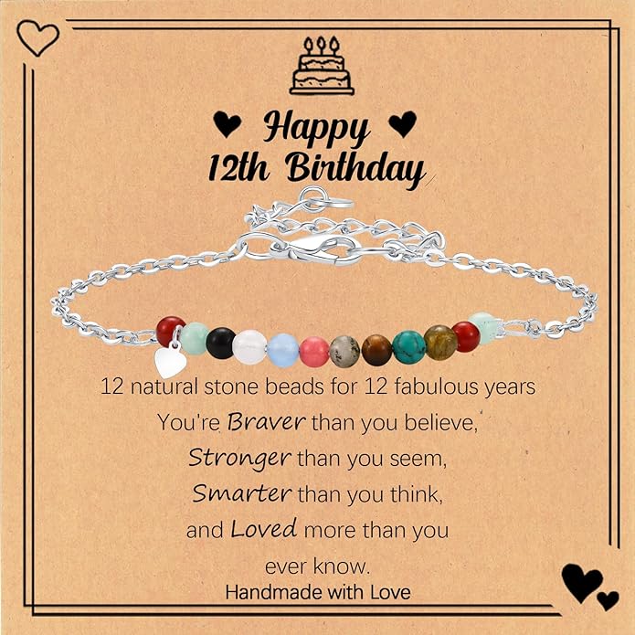 Birthday Gift for 9-16 Year Old, Small Natural Stone Beaded Bracelet Adjustable Heart Charm Bracelet for Daughter Granddaughter Sister Niece Friend on Birthday Graduation with Message Card Gift Box