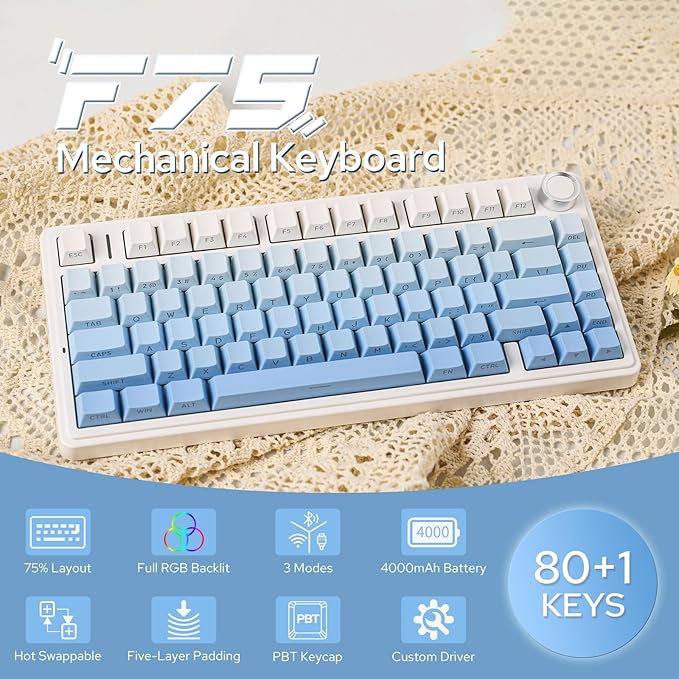 EPOMAKER x Aula F75 Gasket Mechanical Keyboard, 75% Wireless Hot Swappable Gaming Keyboard with Five-Layer Padding&Knob, Bluetooth/2.4GHz/USB-C, RGB (Blue Gradient, LEOBOG Reaper Switch)