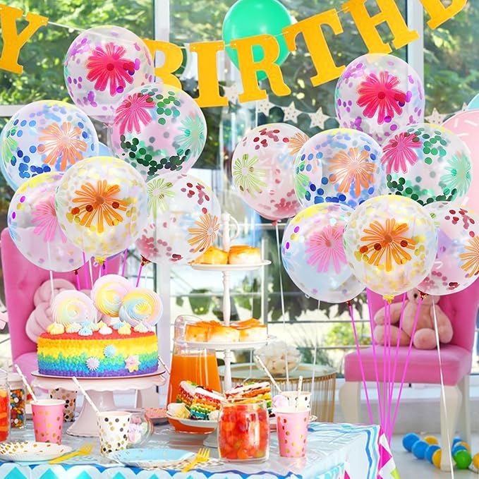 50 Pieces Flower Print Confetti Balloons 12 Inch Colorful Clear Floral Latex Balloon with Balloon Holder Sticks Spring Summer Tropical Picnic Wedding Birthday Graduation Bridal Shower Party Supplies