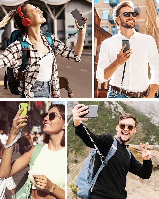 SHANSHUI Phone Tether Lanyard, Strong Spring Rope Climbing Hook, 4x Phone Tether Tabs Free Your Hand Stylish Phone Chain Strap for All Smartphones - 2PCS Black White
