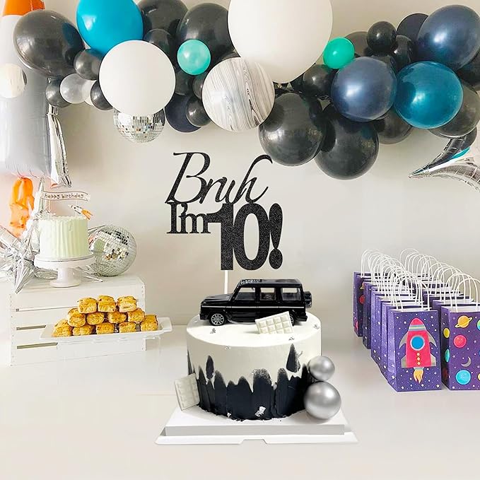 Bruh I'm 10 Cake Topper - Black Glitter Happy 10th Birthday Decorations for Boys Teens, Funny 10 Year Old Party Supplies, Bro I'm 10 Cake Decor (Bruh I'm 10！, 10th black)