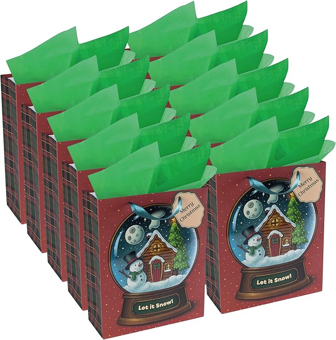 RACHELLE'S Snow Globe Christmas Gift Bags – Medium 13"x10"x4" (10-Pack) – Sturdy Paper Gift Bags with Tissue Paper, Tag and Handle – Let It Snow – Perfect for Christmas Holiday Gifting & Party Favors