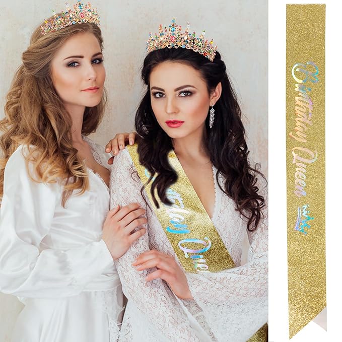 Velscrun Colourful Crystal Birthday Queen Tiara Crown for Women Girls Birthday Queen Headband Sash Elegant Princess Crown with Combs Hair Accessories Happy Birth Party Decorations Mom Birth Gift